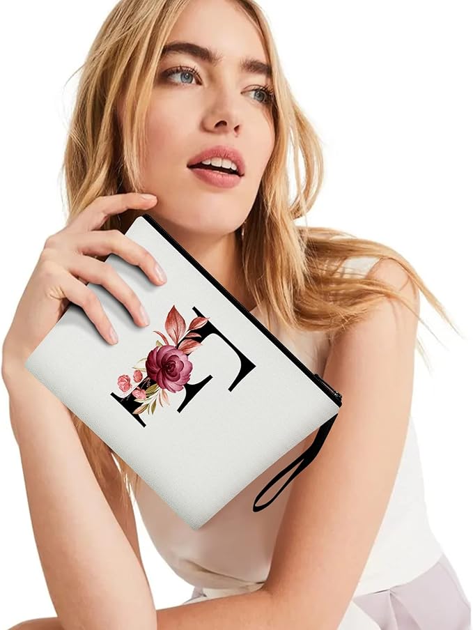 Vavabox A-Z Personalized Makeup Bag, Birthday Gifts for Women Mom, Gifts for Best Friend, Bride Bridesmaid Cosmetic bag (F, White)