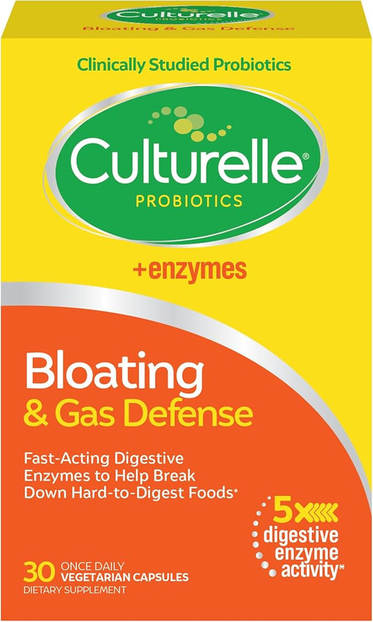 Culturelle Bloating & Gas Defense, Digestive Enzymes & Probiotics for Digestive Health, 30 Capsules, Supports Occasional Indigestion & Discomfort