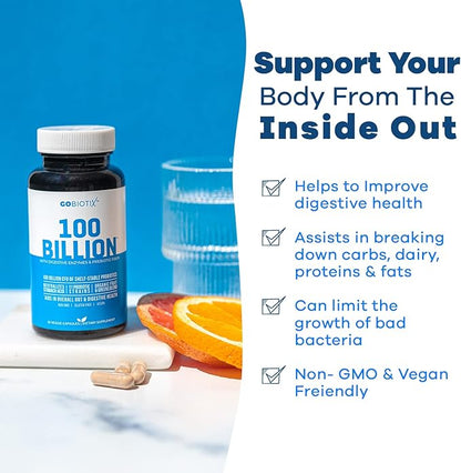 GOBIOTIX 100 Billion - Probiotics and Prebiotics Supplement Pills - Digestive Enzymes and Prebiotic Fiber Blend - 100 Billion CFU - Organic Fruit and Greens Blend - Vegan, Non GMO - 30 Capsules