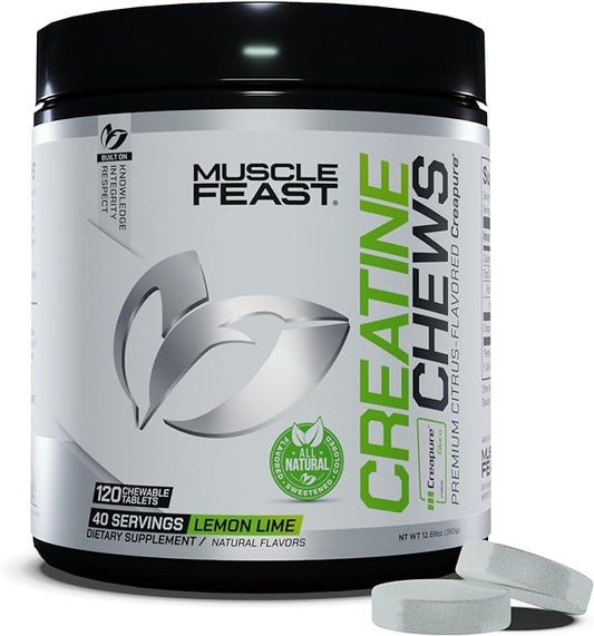 Muscle Feast Vegan Creatine Monohydrate, Gluten-Free Creapure Chews, Lemon Lime, 120 Tabs
