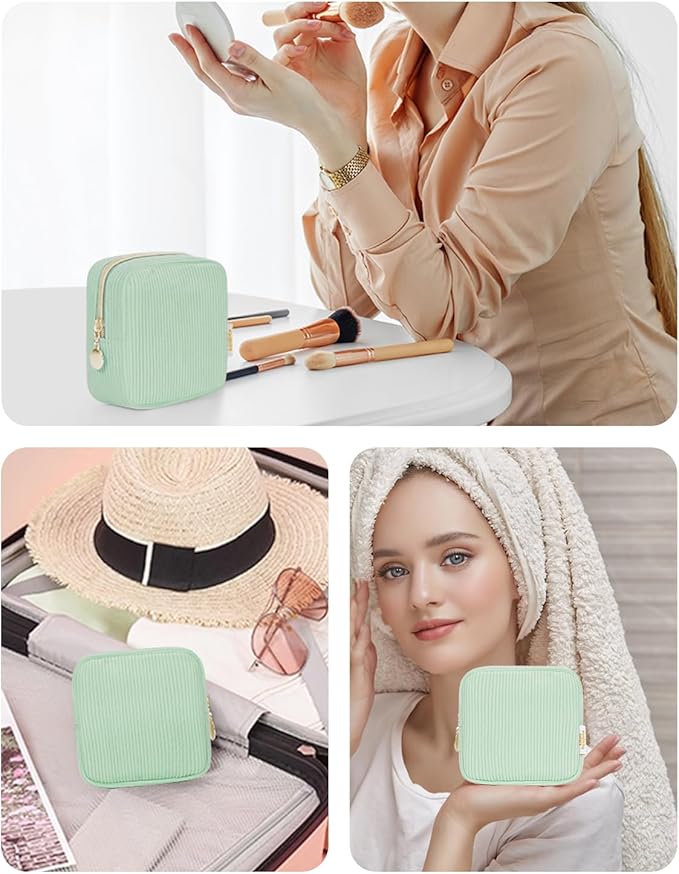 Wandering Nature Small Makeup Bag for Purse Mini Make up Pouch Cute Cosmetic Pouch for Women with Slip-in Pockets Corduroy, Green