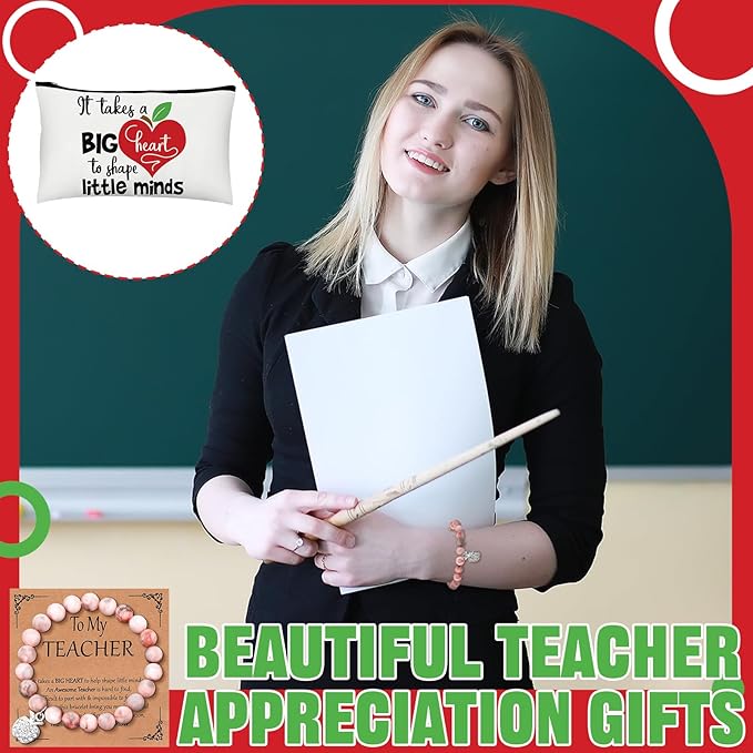 Tondiamo 6 Sets Teacher Graduation Appreciation Gifts for Women Include 6 Natural Stone Bracelets 6 Cards 6 Canvas Makeup Bags Back to School End of Year Teacher Gifts for Retirement Birthday