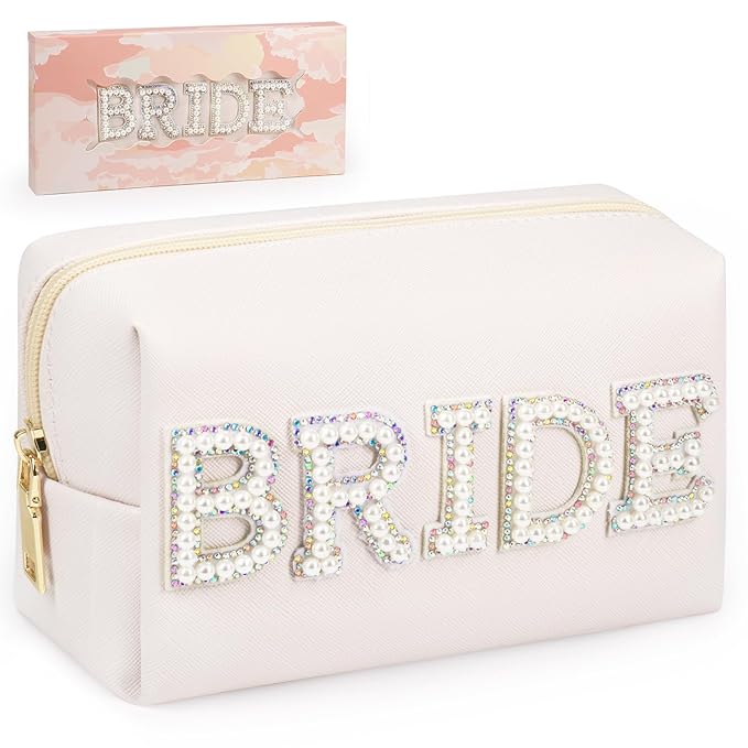 BRIDE Preppy Makeup Bag with Gift Box, Bride Cosmetic Bag for Bridesmaid Engagement, Purse Bridal Shower, Bridal Beauty Prep, Wedding Day