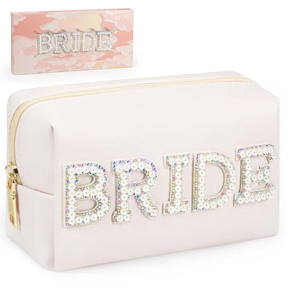 BRIDE Preppy Makeup Bag with Gift Box, Bride Cosmetic Bag for Bridesmaid Engagement, Purse Bridal Shower, Bridal Beauty Prep, Wedding Day
