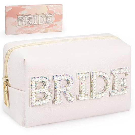 BRIDE Preppy Makeup Bag with Gift Box, Bride Cosmetic Bag for Bridesmaid Engagement, Purse Bridal Shower, Bridal Beauty Prep, Wedding Day