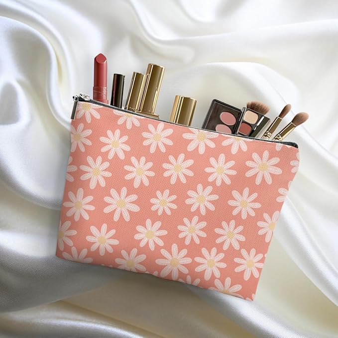 2pcs Daisy Floral Makeup Bag, Travel Essential Cosmetic Bag Garden Flower Gifts for Women Female Girls Sister BFF Nature Lover, Travel Zipper Pouch Christmas Thanksgiving Birthday Gifts