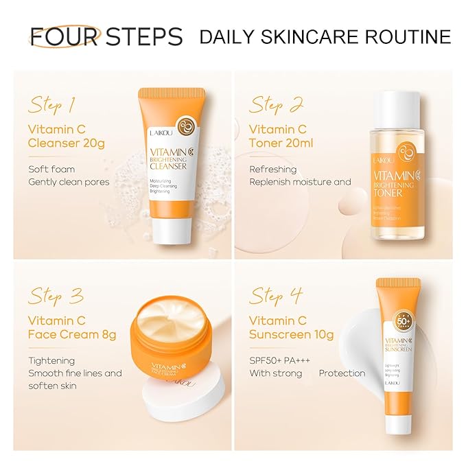 Vitamin C Travel Skincare Set for Teenage Girls, Skin Care Set Travel Kit 4 Pack, Face Routine Set for Women and Girls with Cleanser, Toner, Face Cream, Sunscreen SPF50 - Travel Essentials Gift Set