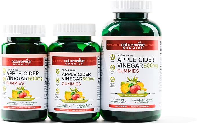 NatureWise Apple Cider Vinegar Keto Gummies - 1000mg ACV per 2, Sugar Free, Vegan - Energy & Gut Health - ACV Gummies W/Vitamin B12-60 Gummies[1-Month Supply for 1000mg / 2-Month Supply for 500mg]