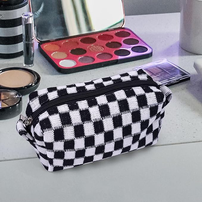 Small Cute Checkered Makeup Bag - Portable Cosmetic Pouch with Zipper, Travel Toiletry Bag, Purse Organizer, Beauty Storage, Black