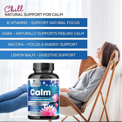 Natural Unwind, Calm, & Relax Support with Ashwagandha, GABA, Magnesium, 5-HTP, L-Theanine & B Vitamins, Natural Focus, Energy & Immune Support - Nature's Non-GMO, Vegan, Gluten Free - 60 Capsules