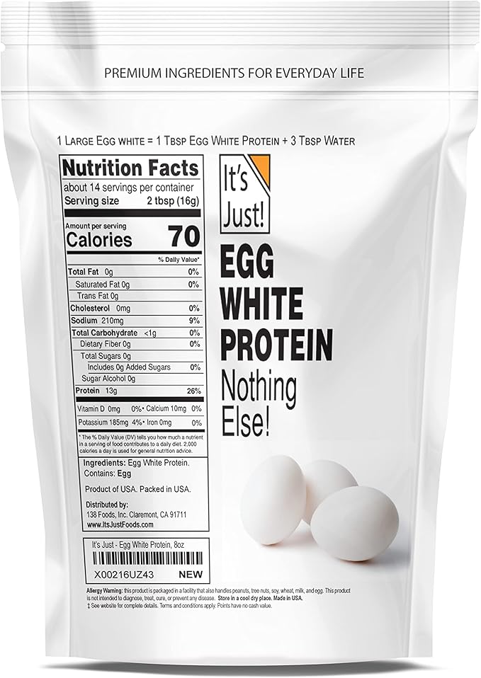 It's Just! - Egg White Protein Powder, Made in USA from Cage-Free Eggs, Dried Egg Whites (Unflavored, 8oz)