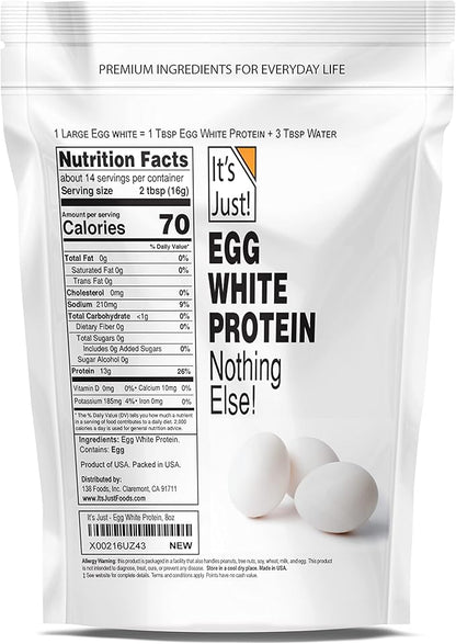 It's Just! - Egg White Protein Powder, Made in USA from Cage-Free Eggs, Dried Egg Whites (Unflavored, 8oz)