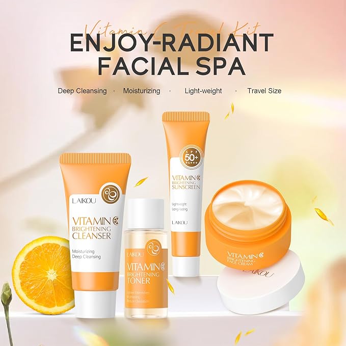Vitamin C Travel Skincare Set for Teenage Girls, Skin Care Set Travel Kit 4 Pack, Face Routine Set for Women and Girls with Cleanser, Toner, Face Cream, Sunscreen SPF50 - Travel Essentials Gift Set
