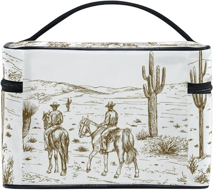Kigai Western Desert Cowboys Travel Cosmetic Bag Case Large Portable Makeup Bag Organizer for Women Girls Top Handle Multifunction Toiletry Bags