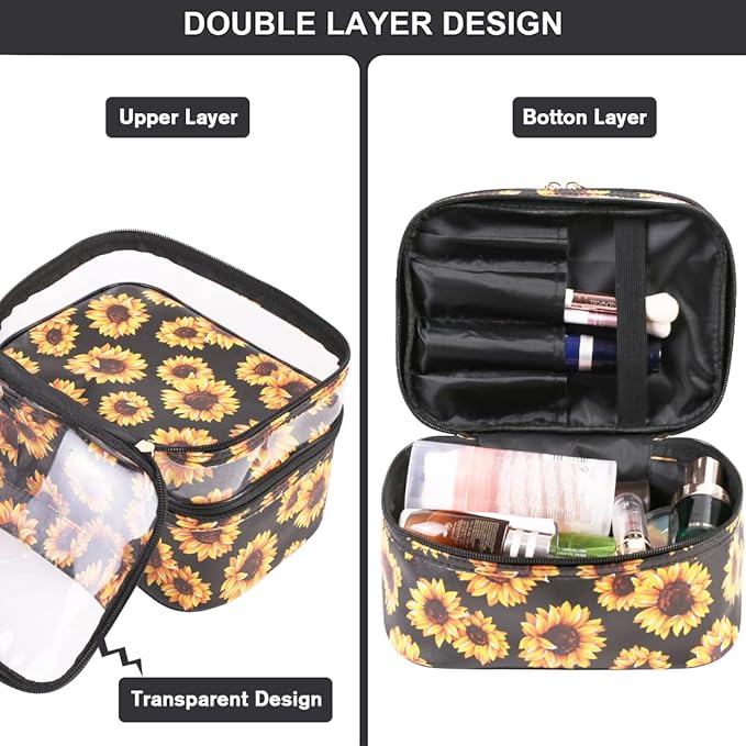 FITINI 3 Pieces Sunflower Makeup Bags Double Layer Travel Large Cosmetic Cases Organizer Toiletry Bags Waterproof Small Zipper Pouch for Women Makeup Brush Storage Bag