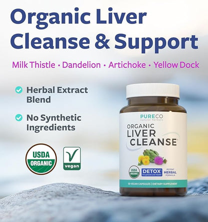 Organic Liver Cleanse Detox & Repair (Vegan, Non-GMO) Milk Thistle Extract (80% Silymarin), Dandelion Root, Artichoke Leaf, Yellow Dock - Liver Health Support Supplement - 60 Capsules (No Pills)