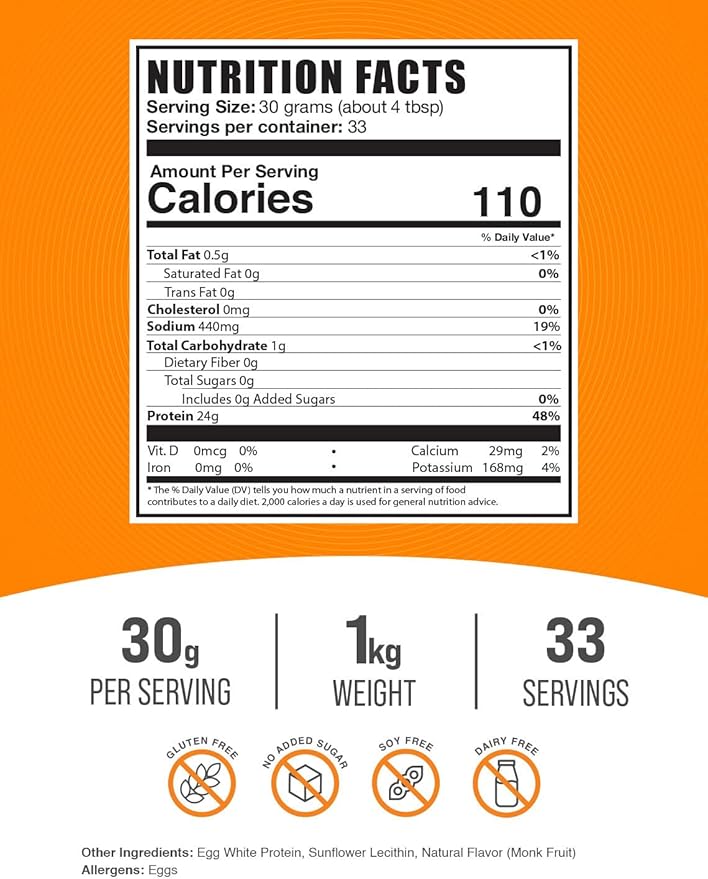 BulkSupplements.com Egg White Protein Powder - Egg White Powder, Lactose Free & Dairy Free Protein Powder - Unflavored & Gluten Free, 30g per Serving, 1kg (2.2 lbs) (Pack of 1)