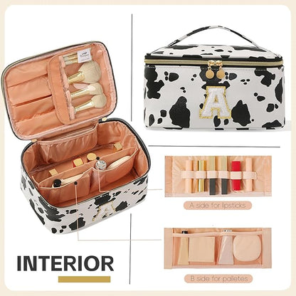Personalized Monogram Makeup Bag with Dividers - Cow Print Travel Toiletry Organizer for Women | Waterproof Cosmetic Pouch with Brush Holder & Handle (9.8x6.7x5.1in)