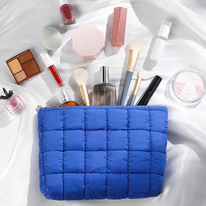 Hillban Puffy Quilted Makeup Bag Quilted Cosmetic Bag Cute Puffer Toiletry Checkered Pouch Aesthetic Travel Makeup Brushes Organizer(Blue,Classic)