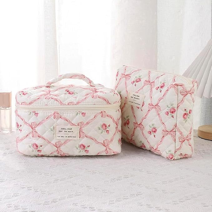Quilted Makeup Bag,Bow Makeup Bag,Cotton Makeup Bag Set for Women,Travel Makeup Bag,Large Toiletry Cosmetic Bag Makeup Bag Organizer for Women Girls (P2-1PC)