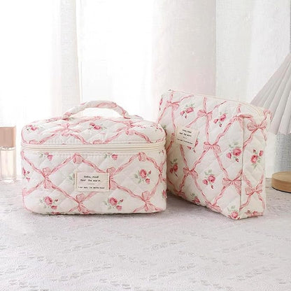Quilted Makeup Bag,Bow Makeup Bag,Cotton Makeup Bag Set for Women,Travel Makeup Bag,Large Toiletry Cosmetic Bag Makeup Bag Organizer for Women Girls (M5-1PC)