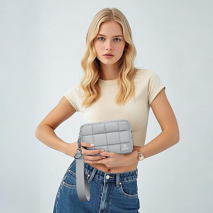 Quilted Cosmetic Bag, Puffer Makeup Bags, Crossbody Purses for women,Cute Travel Toiletry Bag for Women (Grey)