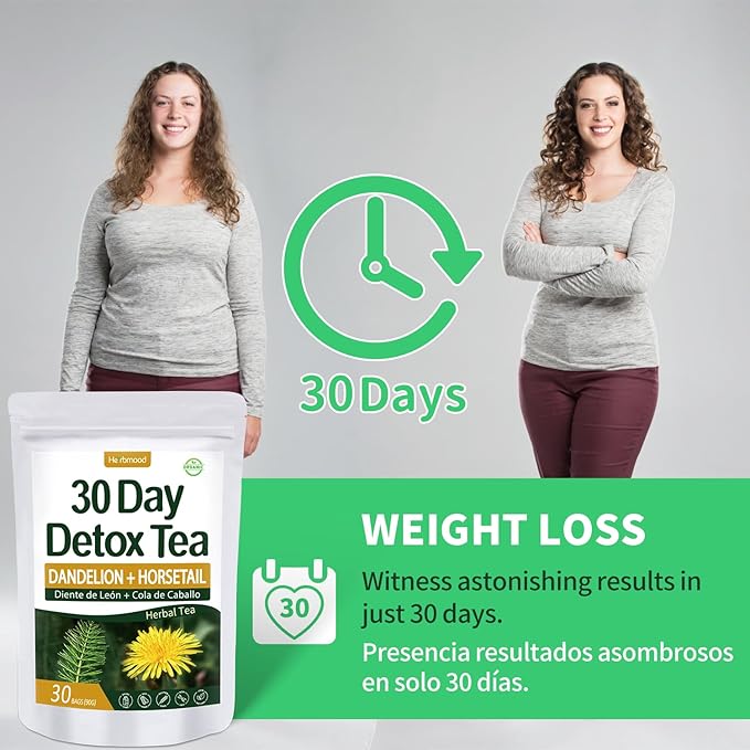 Te de Diente de Leon 30 Day Detox Tea, Herbmood Natural Herbs Tea Bags, Te Para Bajar de Peso Rapido y Efectivo y Seguro para Mujer y Hombres, Ademas de Desinflamar el Vientre y el Estomago,