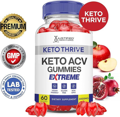 Keto Thrive Keto ACV Gummies Extreme 2000MG Keto Thrive Keto Gummies Apple Cider Vinegar Formulated with Pomegranate Beet Juice Powder B12 Vegan Non GMO 60 Gummys