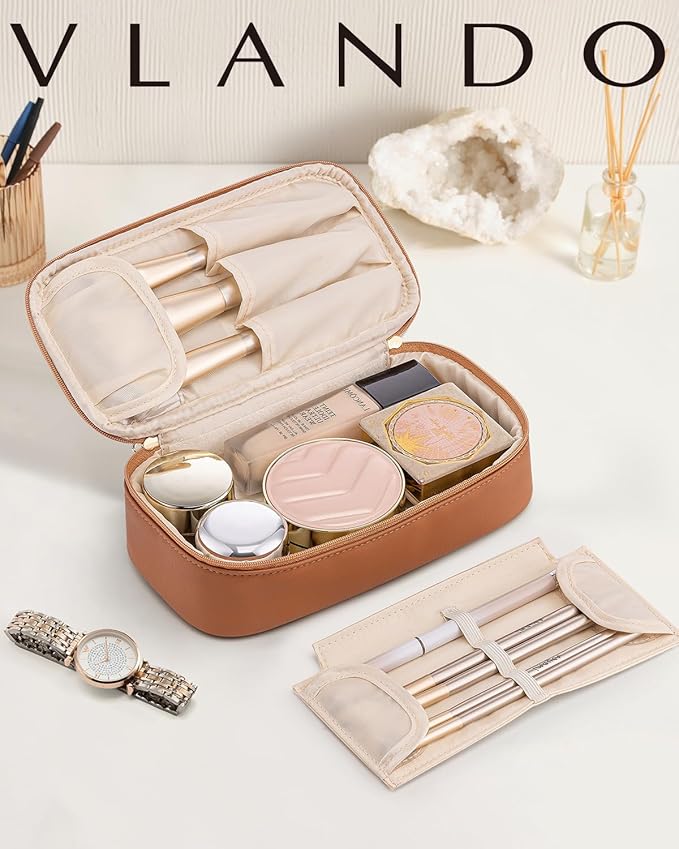 Vlando Travel Makeup Bag,Small Makeup Bag for Women,Gifts for Women Girls, Makeup Pouch Purse Travel Essentials Toiletries-Brown