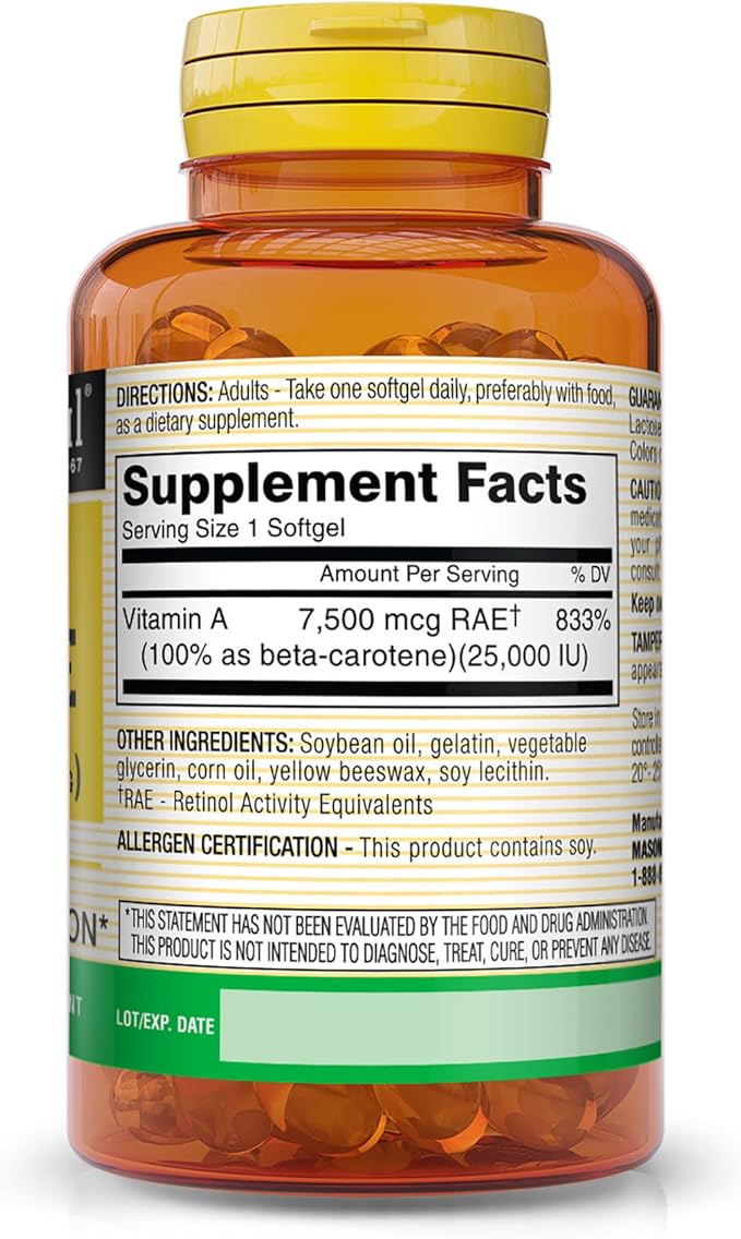 MASON NATURAL Vitamin A Beta Carotene 25,000 IU - Supports Healthy Vision, Cell Function & Immune Function, 100 Softgels (Pack of 3)