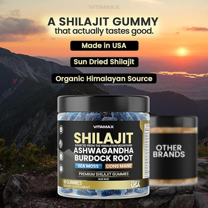 Organic Shilajit Gummies 1500mg, Sea Moss 200mg, Ashwagandha 500mg, 105+ Trace Minerals – Organic Burdock Root & Lions Mane Mushroom - Blue Razz – Vegan & Non-GMO – Made in USA – 60ct