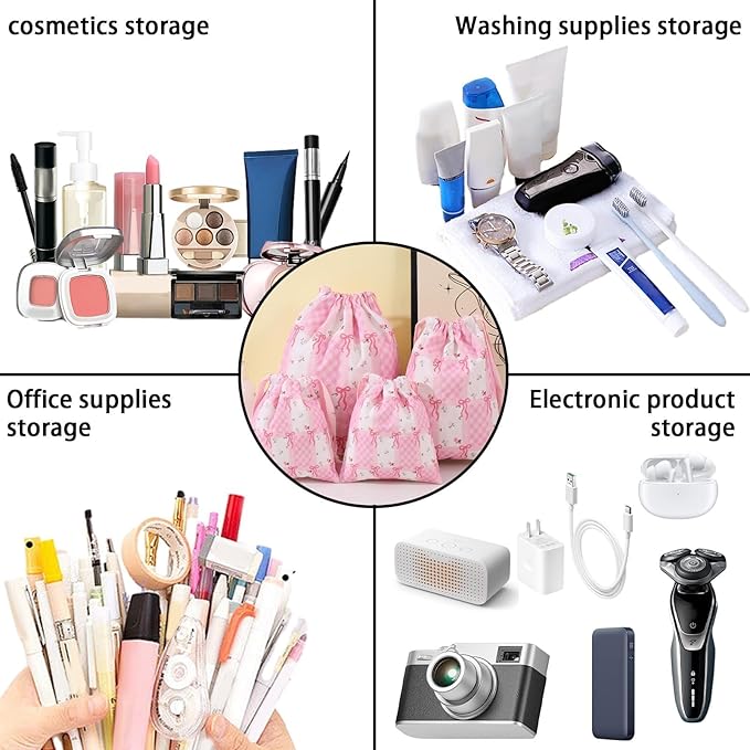 LYDZTION 4pcs Floral Drawstring Makeup Bags Pouches For Purse, Small Canvas Cloth Gift Bags Pouch For Cosmetics Jewerlry Home Travel Storage,Flower Bow