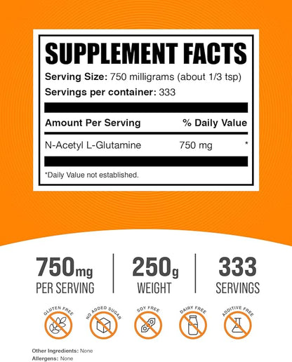 BulkSupplements.com N-Acetyl L-Glutamine Powder - Glutamine Supplement, L Glutamine Powder, Gut Health & Recovery - Gluten Free, 750mg per Serving, 250g (8.8 oz) (Pack of 1)