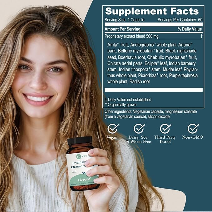 Ruved Livtone, Powerful Doctor-Formulated Liver Support with Berberine, Andrographis and Amla, Ayurvedic Herbal Supplement for Detoxification and Gastrointestinal Health, 60 Vegetarian Capsules