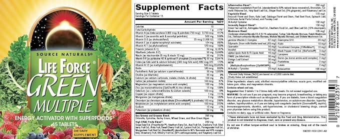 Source Naturals Life Force Green Multiple, Energy Activator with Superfoods*, Helps Bring Balance to All 12 Deep Meatabolic Systems in The Body* - 45 Tablets