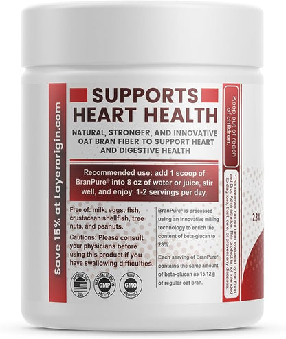 Layer Origin BranPure Super Concentrated Oat Bran Fiber Supplement - Heart Health Fiber, 1.5g Soluble Oat Beta-Glucan per Serving, Powder, 30 Servings