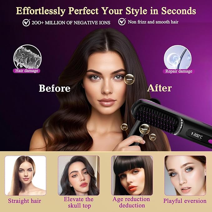 Go Brush Pro, Hair Straightener Brush Portable Gobrush Pro 2025 Cordless Hair Straightener for Travel (Black)