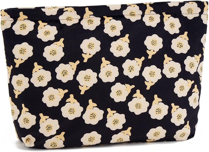 WOZEAH Floral Corduroy Makeup Bag for Purse Small Cosmetic Pouch,Stylish Zipper Make up Pouch Travel Canvas Toiletry Bags(Floral Corduroy 3)