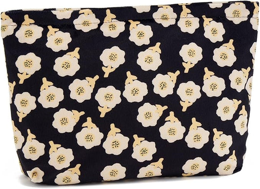 WOZEAH Floral Corduroy Makeup Bag for Purse Small Cosmetic Pouch,Stylish Zipper Make up Pouch Travel Canvas Toiletry Bags(Floral Corduroy 3)