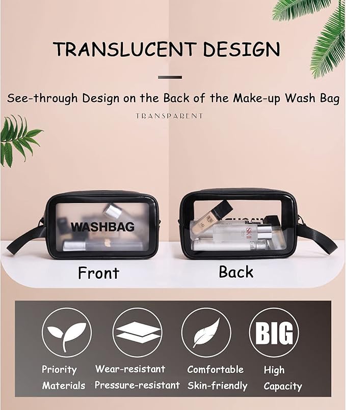 Travel Toiletry Bag for Women Men, Translucent Waterproof Travel Makeup Cosmetic Pouch Traveling Organizer for Toiletries, Cosmetic, Accessories CynynYxy (A-Black)