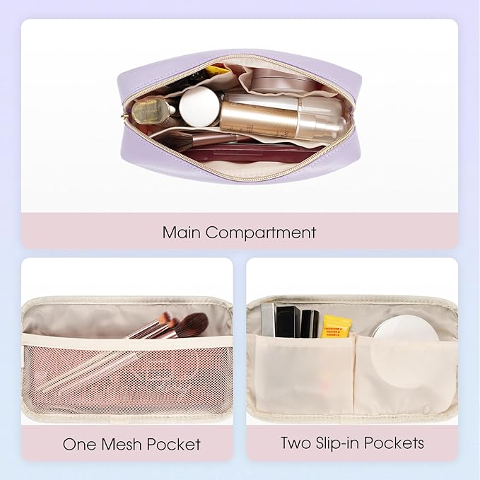 Wandering Nature Makeup Bag for Purse Cosmetic Bags for Women Make Up Organizer Travel Pouch Pencil Case with Slip-in Pockets Vegan Leather,Patent Pending