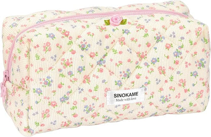 Quilted Coquette Travel Makeup Bag, Large Capacity Puffy Cotton Cosmetic Bag Toiletry Organizer for Women Reusable Washable Aesthetic Floral Pouches Handmade,Floralwhisper