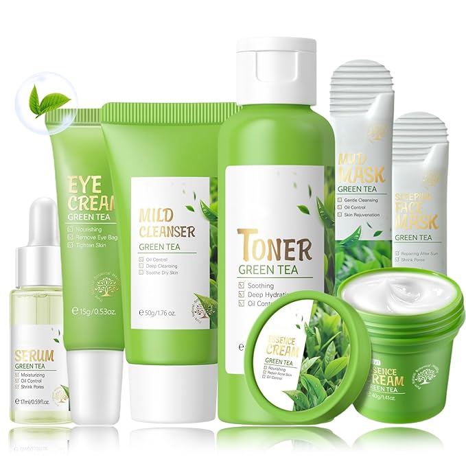 Green Tea Skin Care Kit Teenage Girls Gifts - Teen Skin Care Set Antioxidant - Hydrating Skincare Set with Face&Eye Cream,Toner,Serum,Cleanser - Mother's Day Gifts - Travel Essentials for Women (7PCS)