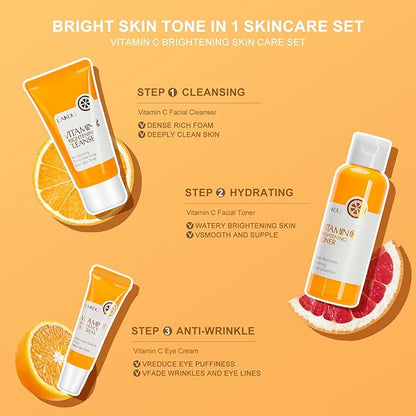 5 Pieces Vitamin C Serum Facial Skin Care Set,Skin Revitalizer, Nourishing, Lightening, Brightening Skin Tone, Gift Set Travel Size Kit with Cleanser, Toner, Serum, Eye Cream, Face Cream