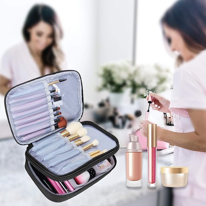 Teamoy Travel Makeup Brush Case(up to 8.8"), Professional Makeup Train Organizer Bag with Handle Strap for Makeup Brushes and Makeup Essentials-Medium, Black(No Accessories Included)