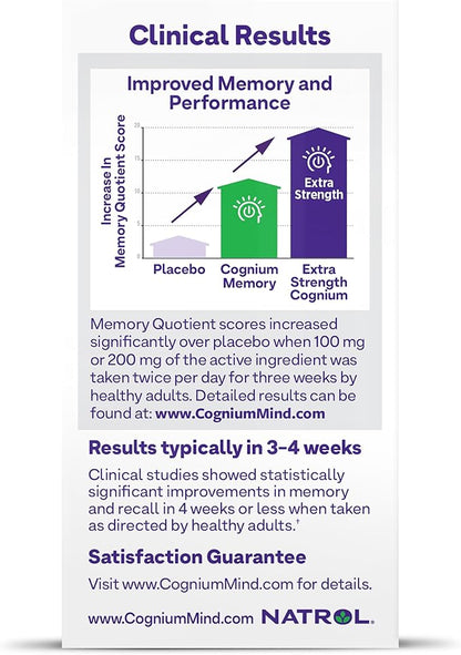 Natrol Cognium Memory Extra Strength Silk Protein Hydrolysate 200mg, Dietary Supplement for Brain Health and Memory Support, 60 Tablets, 30 Day Supply