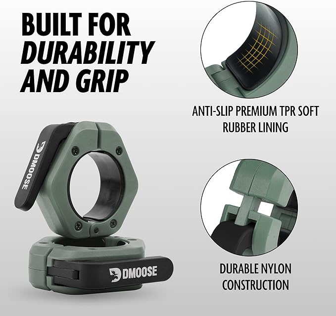 DMoose Fitness Barbell Clips 2" (Pair) - Quick Release Olympic Barbell Clamps & Collars with Anti Slip TPR Lining for Secure Weightlifting & Powerlifting - Weight Clips for Bars at Home or Gym