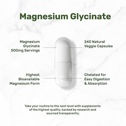 DEAL SUPPLEMENT Magnesium Glycinate 500mg, 240 Veggie Capsules | Chelated for Easy Absorption | Highly Purified Essential Trace Mineral for Muscle, Joint, Heart, & Digestive Health
