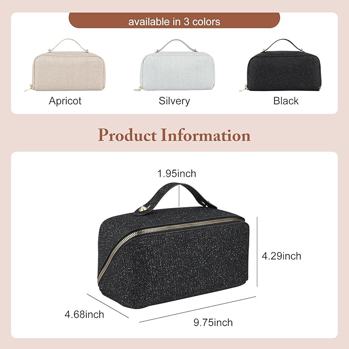 KEYPOWER Large Capacity Glitter Sequin Cosmetic Bag Travel Makeup Bag Sparkly and Shiny Portable Toiletry Bag with Handle for Women (Black)