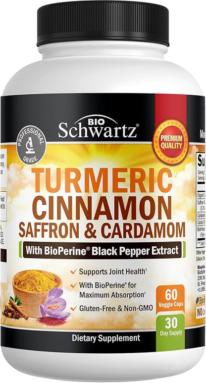 Turmeric Supplement with Saffron, Cinnamon and Cardamom Plus BioPerine Black Pepper Extract for Optimal Absorption, Natural Tumeric Curcumin Joint Support Supplement for Women and Men, 60 Capsules